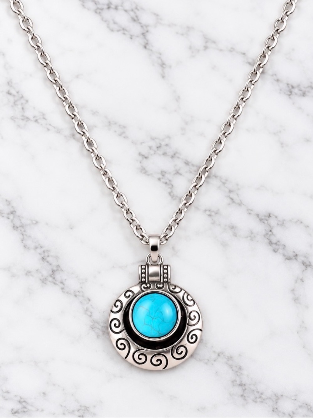 Turquoise Stone Silver-Tone Pendant Necklace & Earrings Set